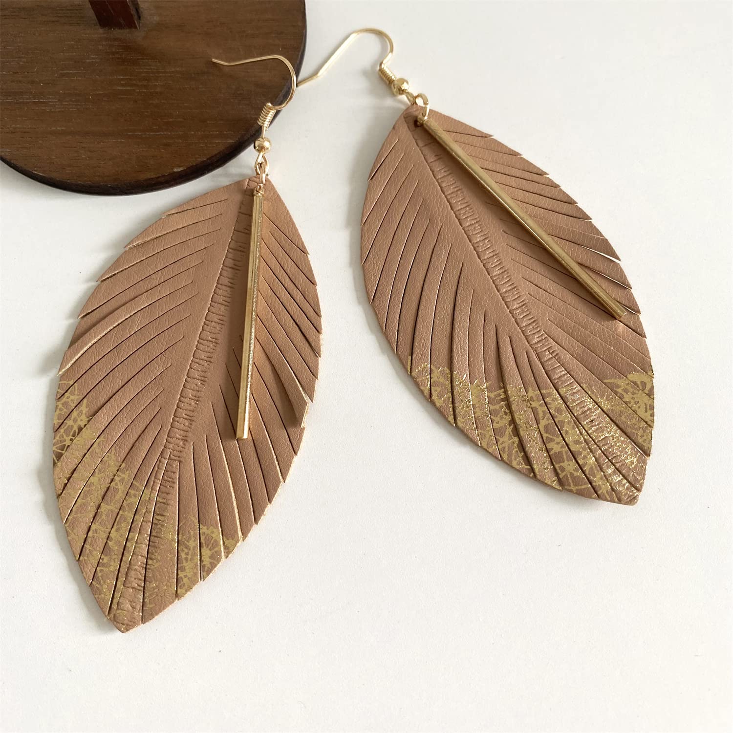 Handmade Bohemian Lightweight Soft Genuine Leather Feather Leaf Dangle Drop Earring Sparkle Real Leather Large Leaf Hook Earrings With Simple Drop Metal Bar for Women Statement Jewelry Gifts (Khaki)