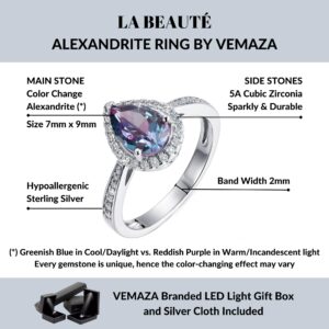 VEMAZA Color Change Alexandrite Ring Sterling Silver Halo Pear Shaped TearDrop Statement Engagement Rings For Women (La Beaute, 7)