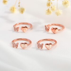 GLISHIVER Initial Rings for Women Teen Girls, Rose Gold Plated Butterfly Capital Letter Initial Rings for Women Teens Girls Letter Rings Alphabet Rings for Girls Teen Girls (M)