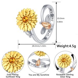 Aniu Graduation Gifts Golden Rotatable Sunshine Sunflower Ring for Women, S925 Sterling Silver You Are My Sunshine Jewelry with 5A Cubic Zirconia