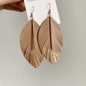 Handmade Bohemian Lightweight Soft Genuine Leather Feather Leaf Dangle Drop Earring Sparkle Real Leather Large Leaf Hook Earrings With Simple Drop Metal Bar for Women Statement Jewelry Gifts (Khaki)