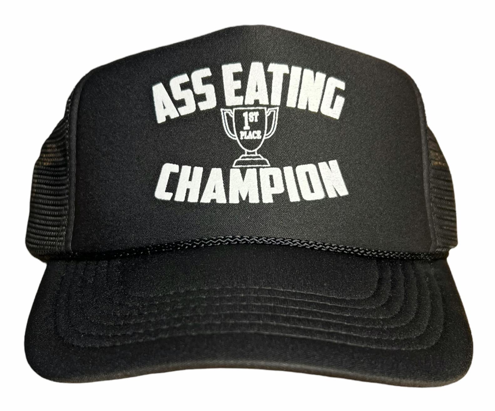 Ass Eating Champion Snapback Trucker Hat for Men or Women, Vintage Fit with Funny Novelty Graphic, Black Custom Mesh Cap