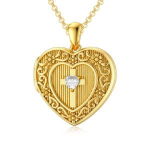 SOULMEET 18K Plated Gold Cross Birthstone April Simulated Crystal Locket Necklace That Holds 1 Picture Photo Locket Gift (Locket only)