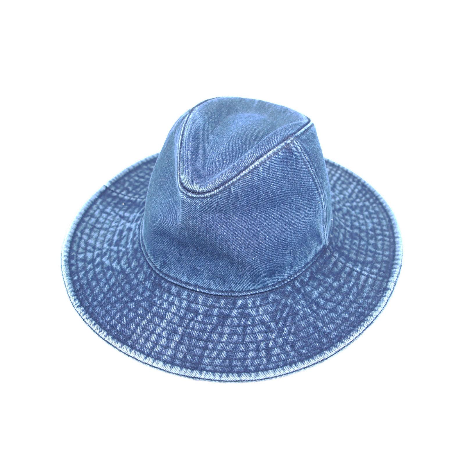 WITHMOONS Denim Fedora Hat Plain Stitch Washed Short Wide Brim Panama Hat KR61009 (SkyBlue)