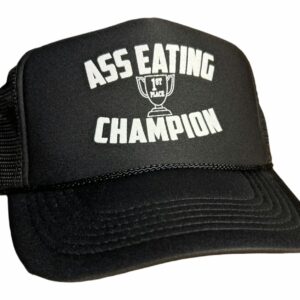 Ass Eating Champion Snapback Trucker Hat for Men or Women, Vintage Fit with Funny Novelty Graphic, Black Custom Mesh Cap