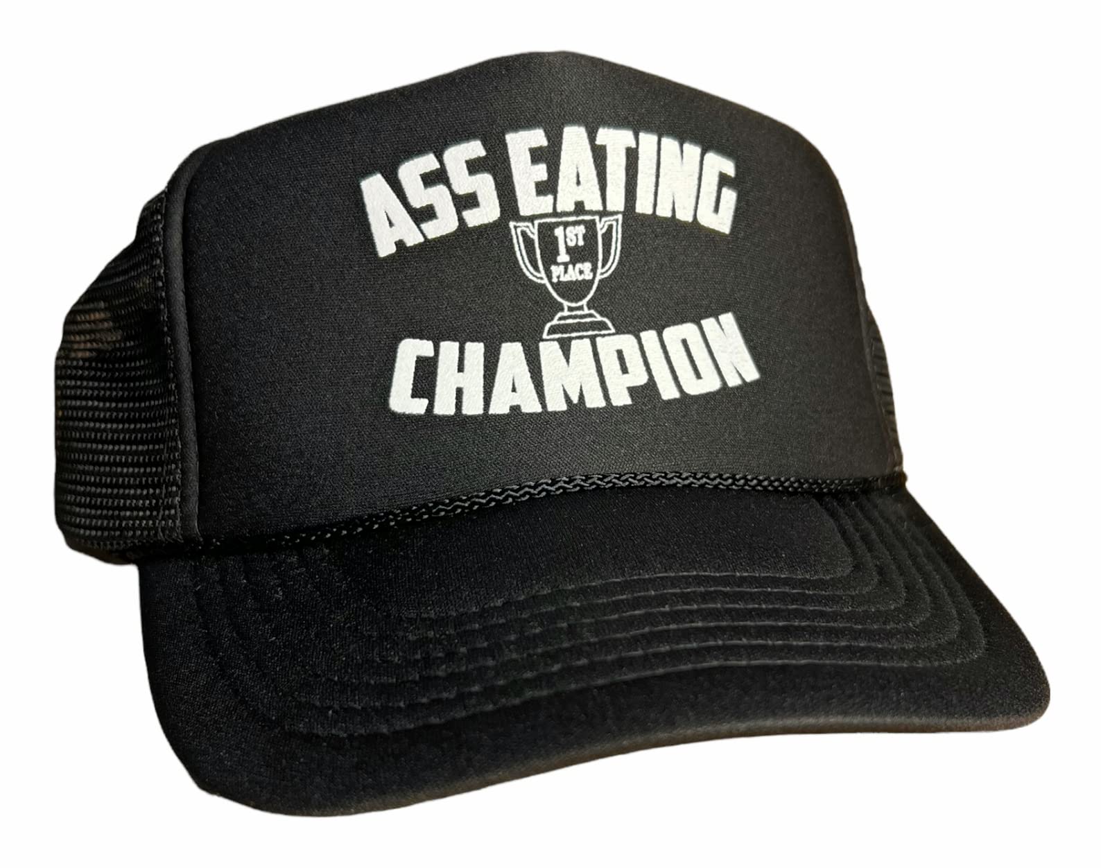 Ass Eating Champion Snapback Trucker Hat for Men or Women, Vintage Fit with Funny Novelty Graphic, Black Custom Mesh Cap