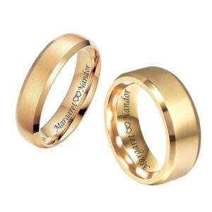 Personalized 24K Gold Plated Tungsten Ring Set Custom Engraved Free - Wedding Band Set - Couple's Ring Set - Ships from USA