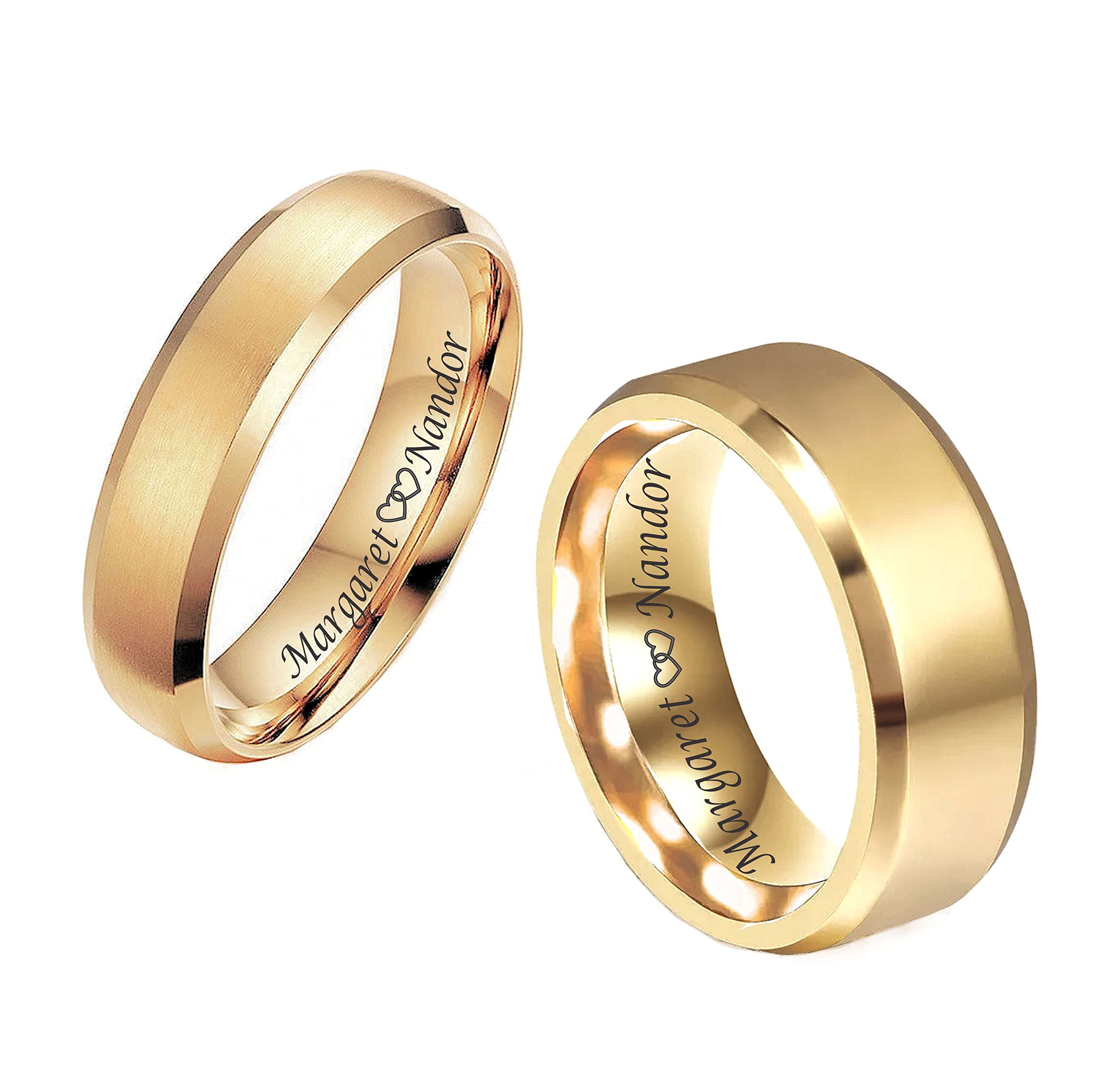 Personalized 24K Gold Plated Tungsten Ring Set Custom Engraved Free - Wedding Band Set - Couple's Ring Set - Ships from USA