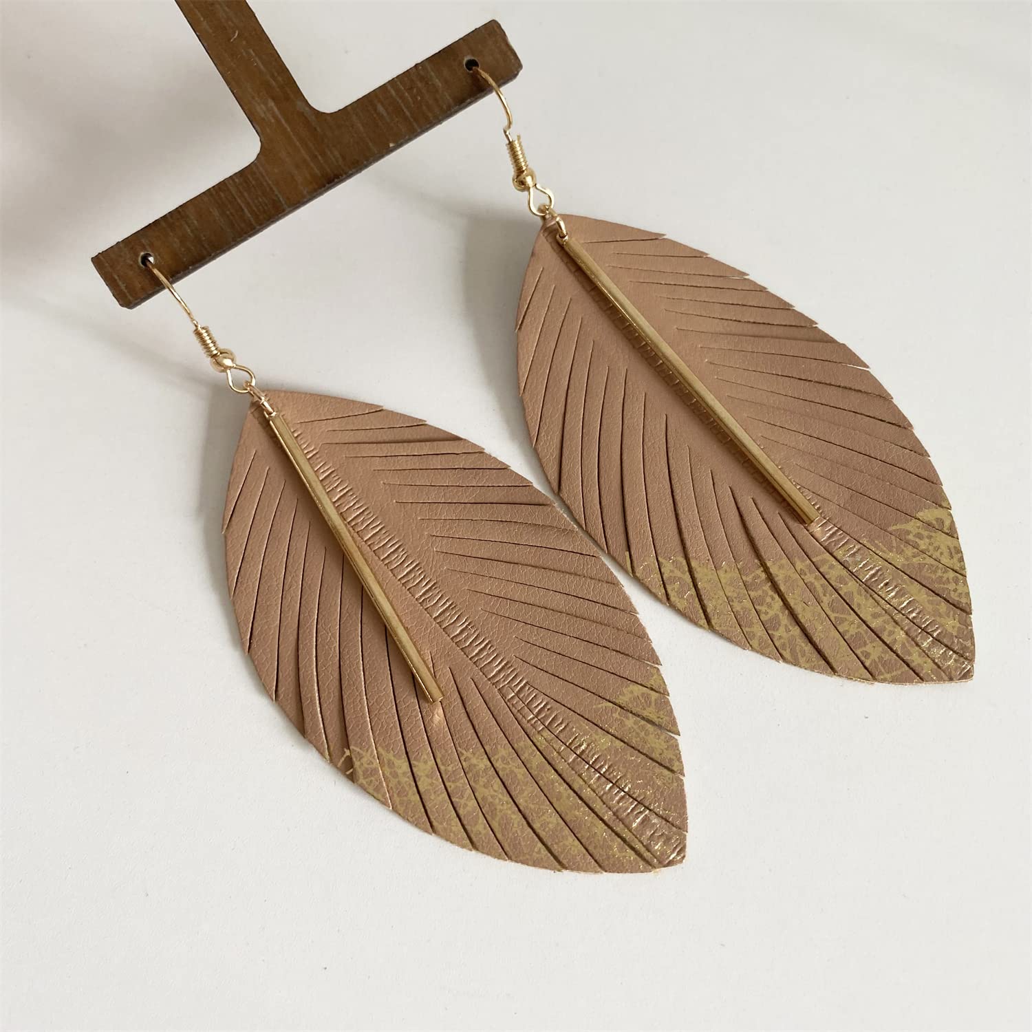 Handmade Bohemian Lightweight Soft Genuine Leather Feather Leaf Dangle Drop Earring Sparkle Real Leather Large Leaf Hook Earrings With Simple Drop Metal Bar for Women Statement Jewelry Gifts (Khaki)