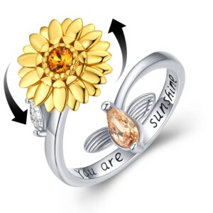 aniu graduation gifts golden rotatable sunshine sunflower ring for women, s925 sterling silver you are my sunshine jewelry with 5a cubic zirconia