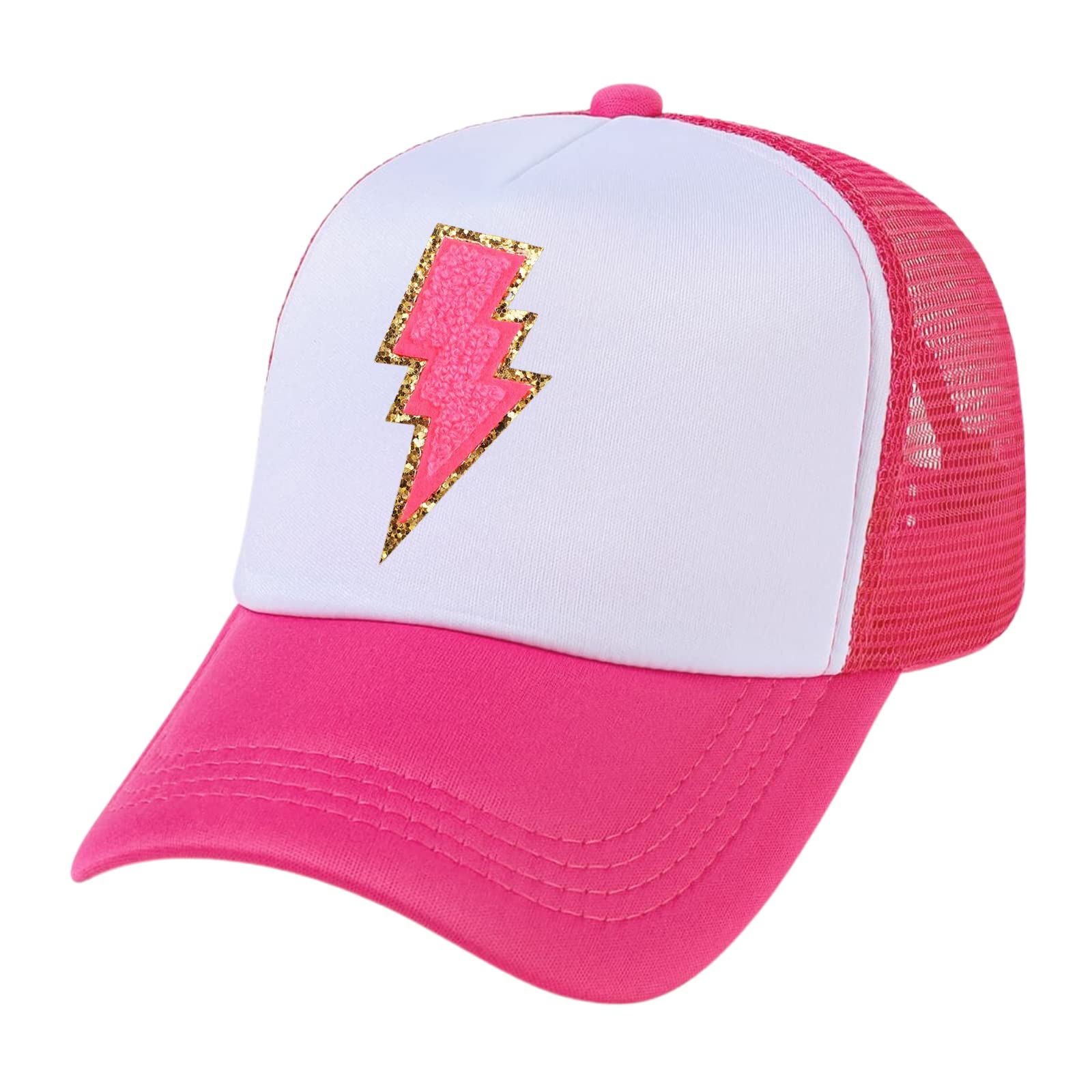 Lightning Bolt Hat Glitter Lightning Trucker Hats Women Cute Trendy Snapback Preppy Hat 80s Retro Foam Mesh Baseball Cap Hot Pink