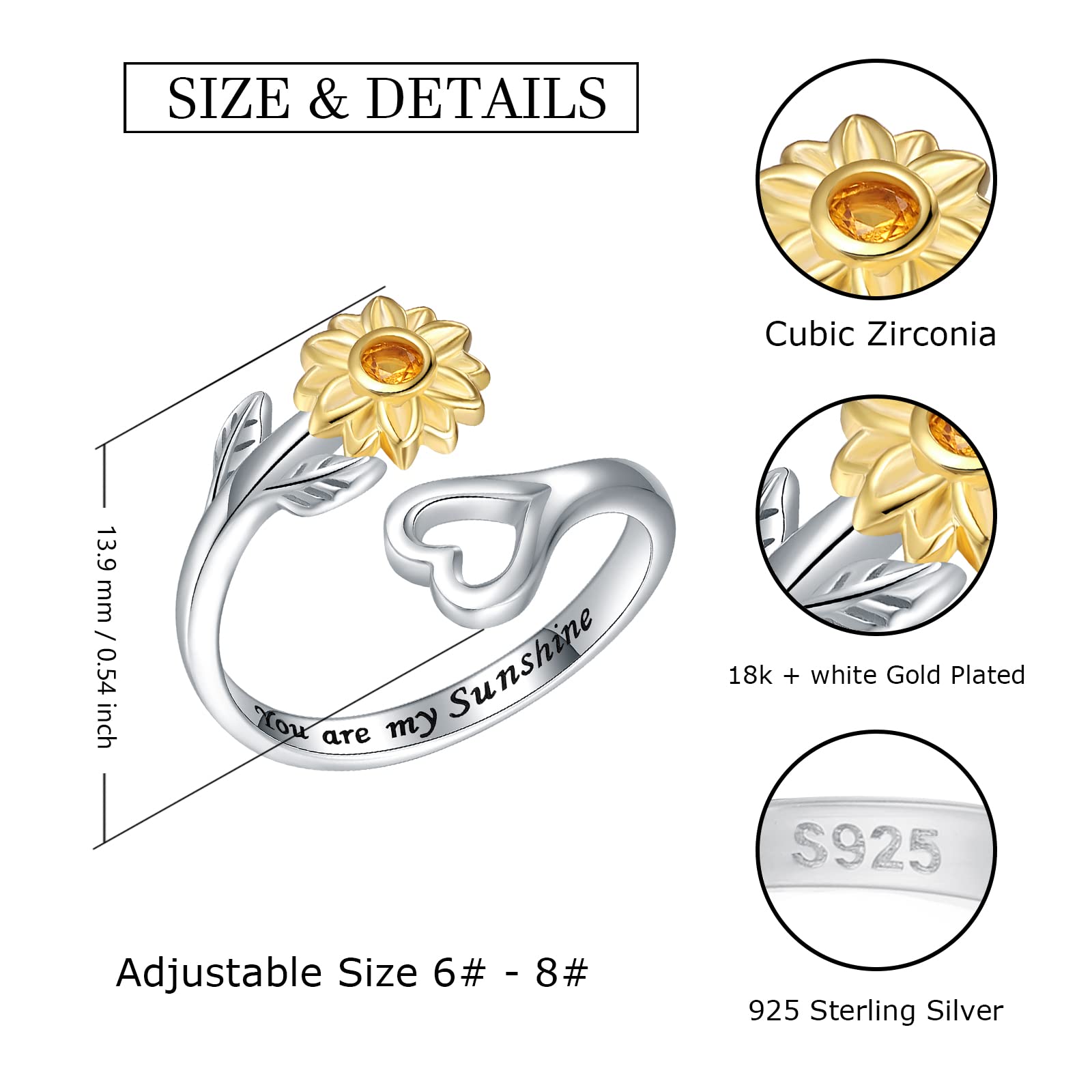 925-Sterling-Silver Honeycomb Bumble Bee Ring - I Love You Adjustable Gold Bee Rings with Enamel CZ Cute Animal Nature Beehive Queen Bee Jewelry Gifts for Women Girl (Sunflower Heart Ring)