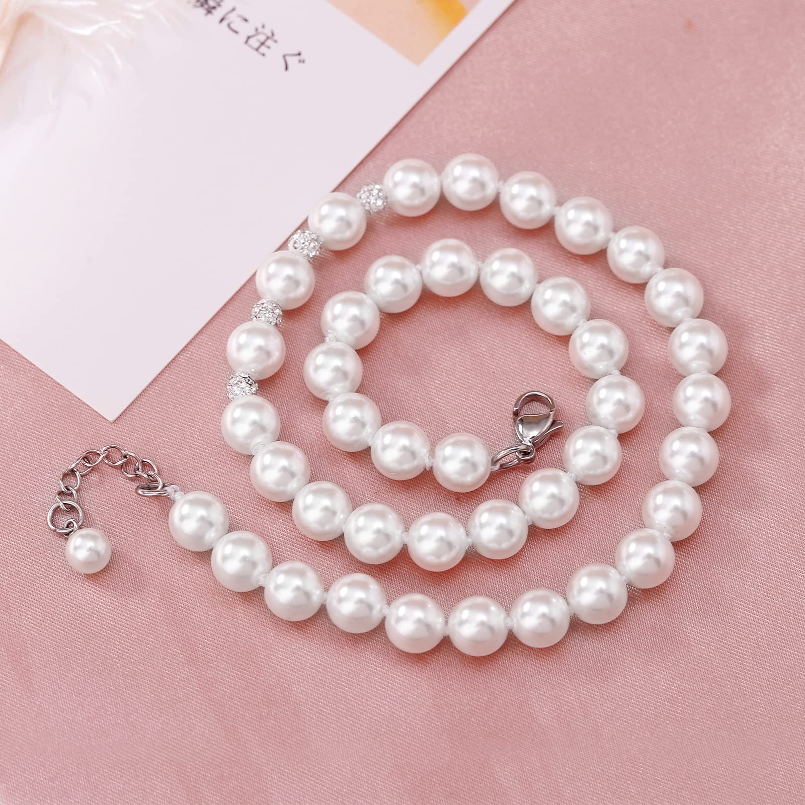 LZMEI White 8mm Glass Pearls Necklace Bracelet Earring Jewelry 3 Set Wholesale for Women Girls (14.5inch)