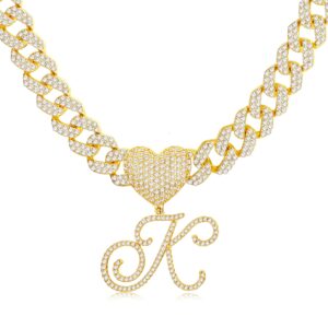 krfy cursive gold initial pendant necklace iced out miami cuban link chain for women 18k gold plated alphabet letter pendant choker hip hop chain trendy rapper jewelry