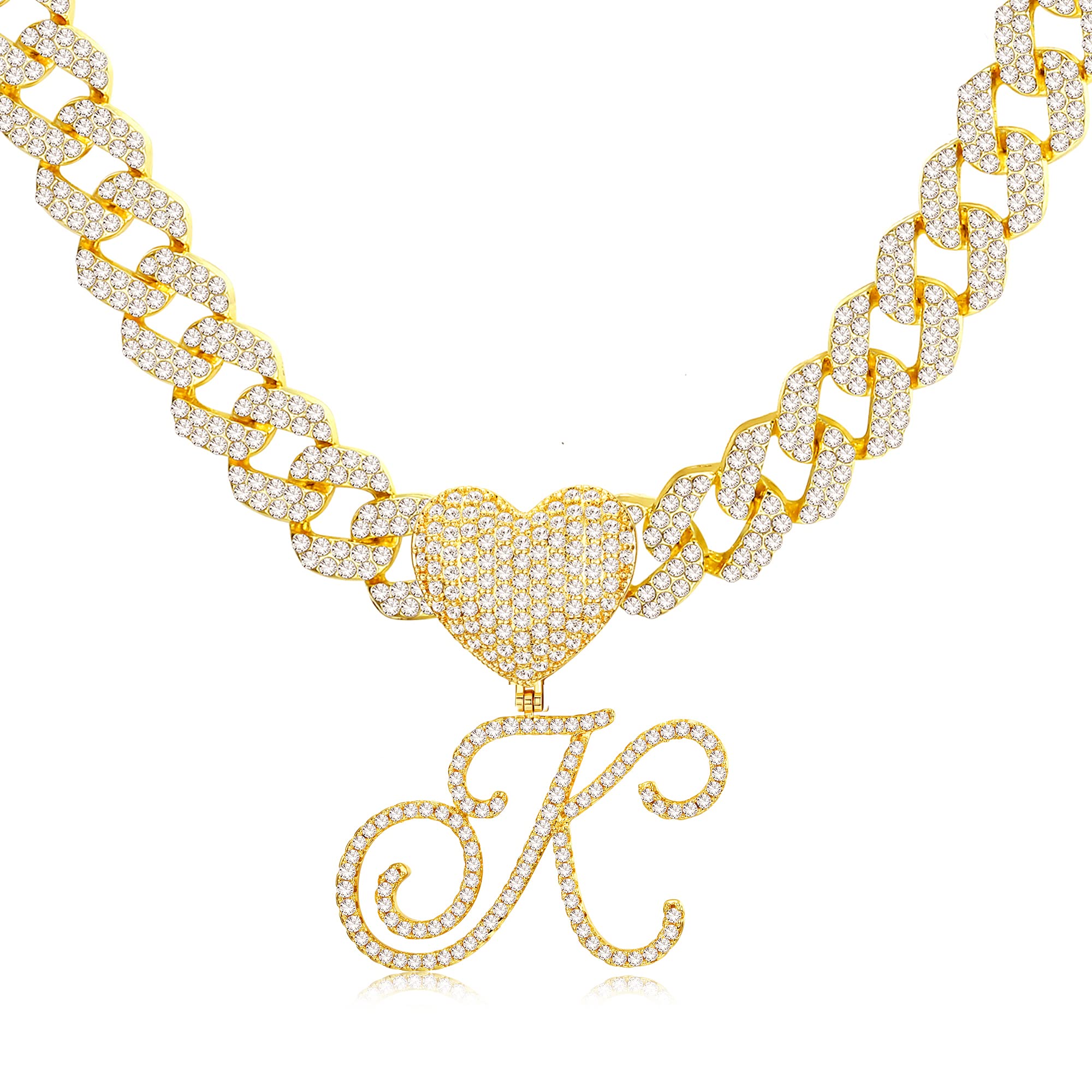 Krfy Cursive Gold Initial Pendant Necklace Iced Out Miami Cuban Link Chain for Women 18K Gold Plated Alphabet Letter Pendant Choker Hip Hop Chain Trendy Rapper Jewelry