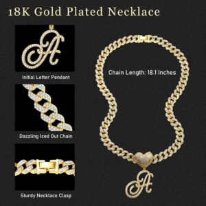 Krfy Cursive Gold Initial Pendant Necklace Iced Out Miami Cuban Link Chain for Women 18K Gold Plated Alphabet Letter Pendant Choker Hip Hop Chain Trendy Rapper Jewelry