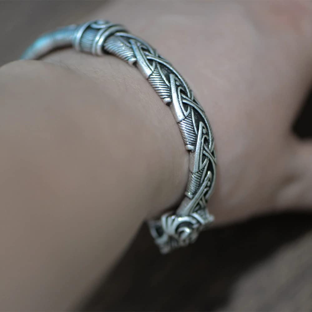 Norse Tradesman Viking Wolf Cuff Bracelet with Celtic Knot - Men & Women Unisex - One-Size-Fits-All - Semi-Adjustable Bangle