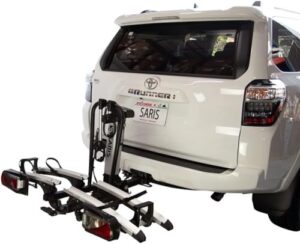 saris door county 2 bike motorized hitch rack | electric hitch lift for easy loading | built-in tilt and electric rear lights | made in the usa.