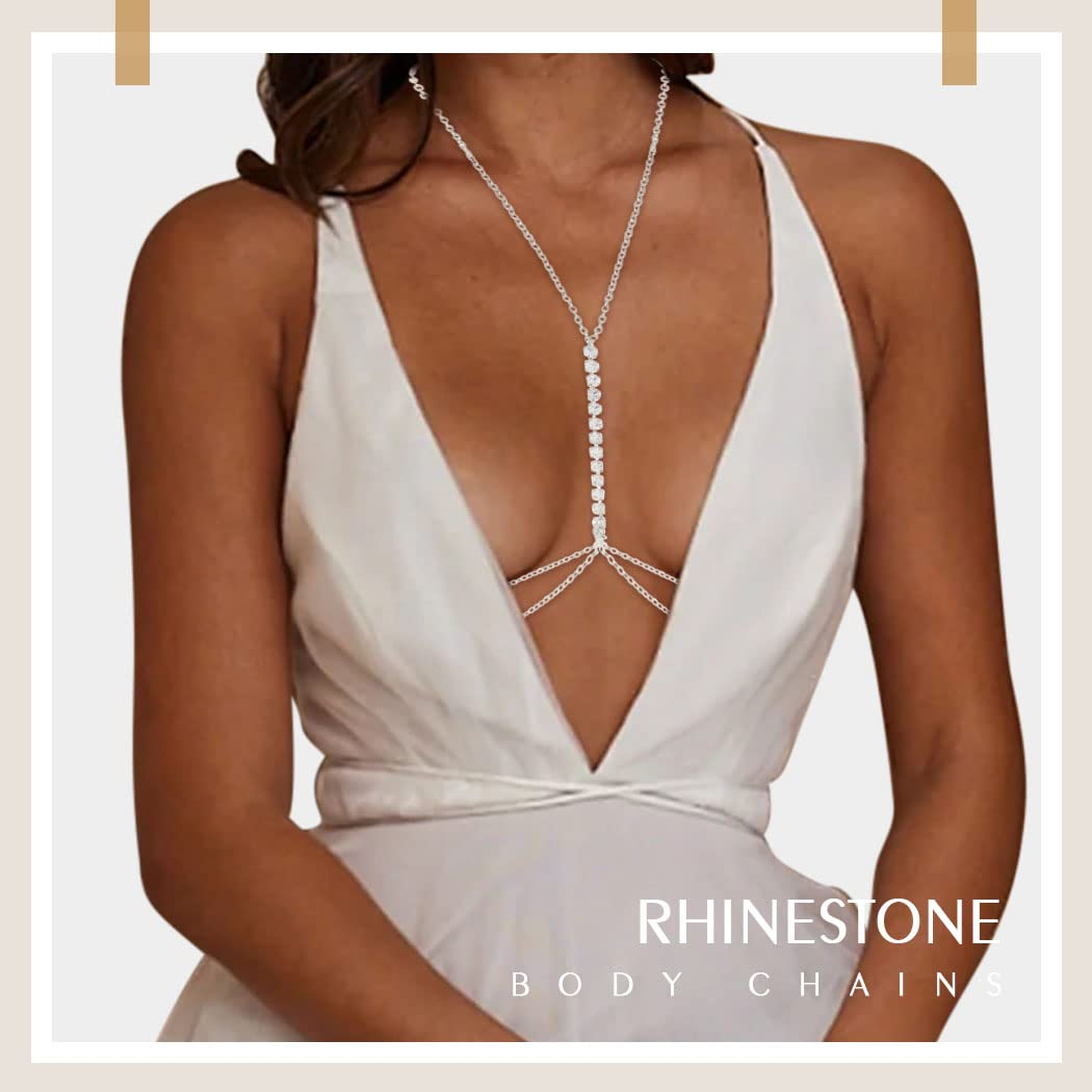 Gemily Boho Rhinestone Body Chains Layered Bra Chain Rave Chest Chain Nightclub Body Jewelry Accessores for Women and Girls (B-Silver)