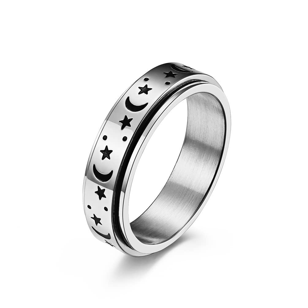 SSZYU Keep Fucking Going Inspirational Gift Spinner Ring Stainless Steel Band Ring for Teens Inspirational Spinner Ring Star Moon Luminous High Polish Graduation Ring for Women,Black Size 8