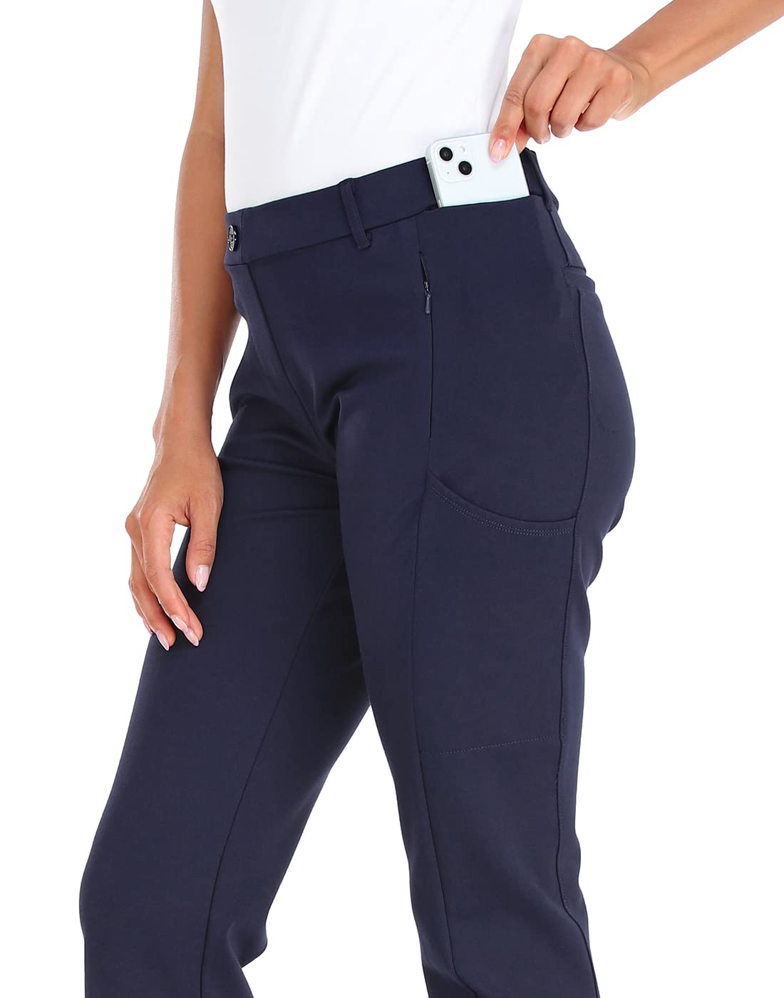 HDE Yoga Dress Pants for Women Straight Leg Pull On Pants with 8 Pockets Navy Blue - M