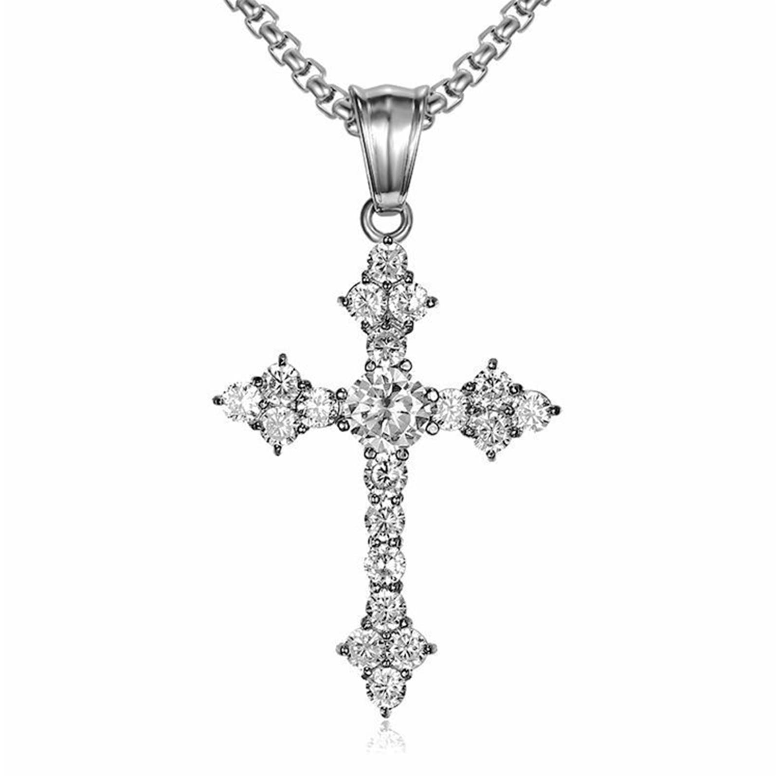 Ropartman Silver Cross Necklace for Women, [ 5A Cubic Zirconia ] 14K Gold Plated Stainless Steel Cross Pendant for Women, 19" necklace included