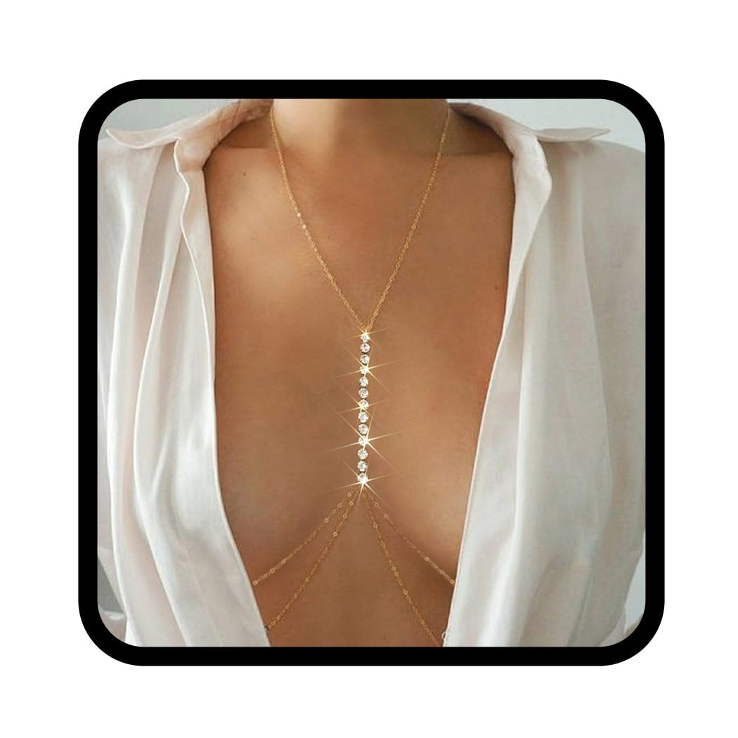 Gemily Boho Rhinestone Body Chains Layered Bra Chain Rave Chest Chain Nightclub Body Jewelry Accessores for Women and Girls (B-Silver)