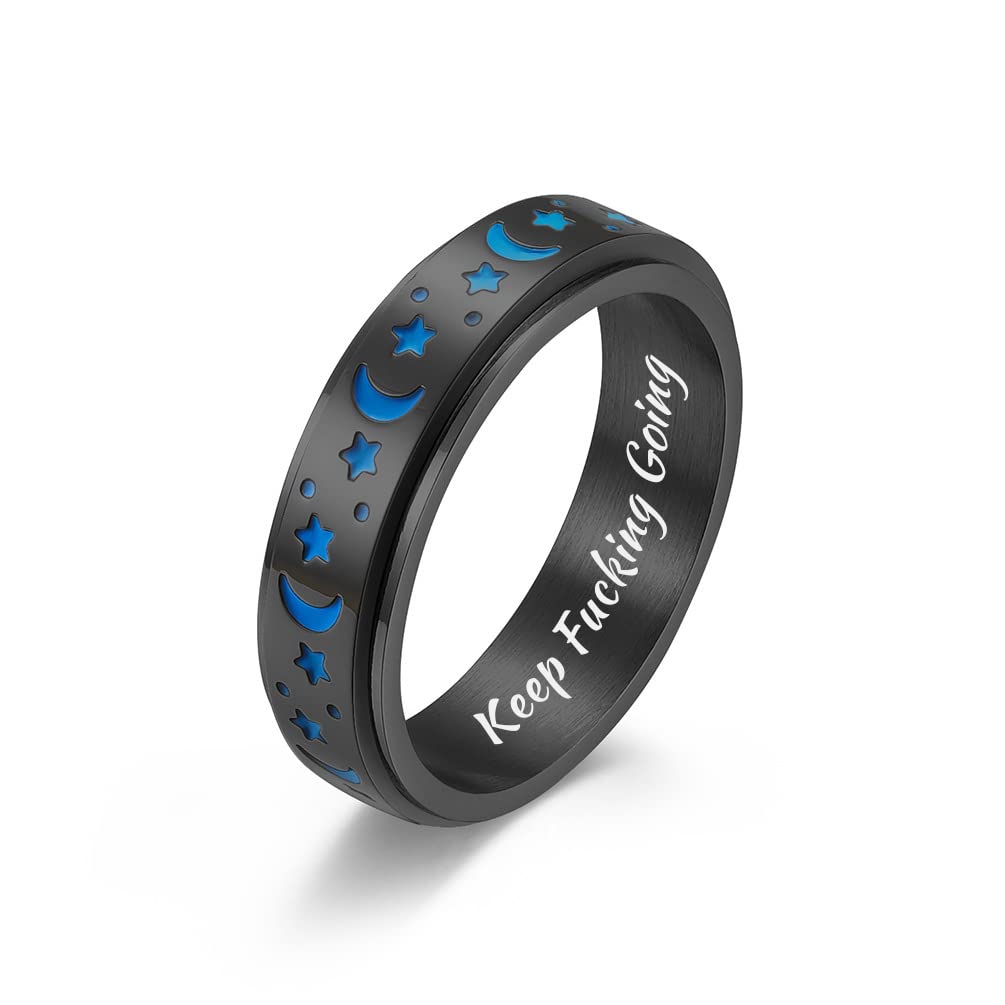 SSZYU Keep Fucking Going Inspirational Gift Spinner Ring Stainless Steel Band Ring for Teens Inspirational Spinner Ring Star Moon Luminous High Polish Graduation Ring for Women,Black Size 8