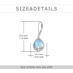 YFN Lotus Flower Moonstone Earrings Leverback 925 Sterling Silver Teardrop Dangle Hypoallergenic Earring for Women