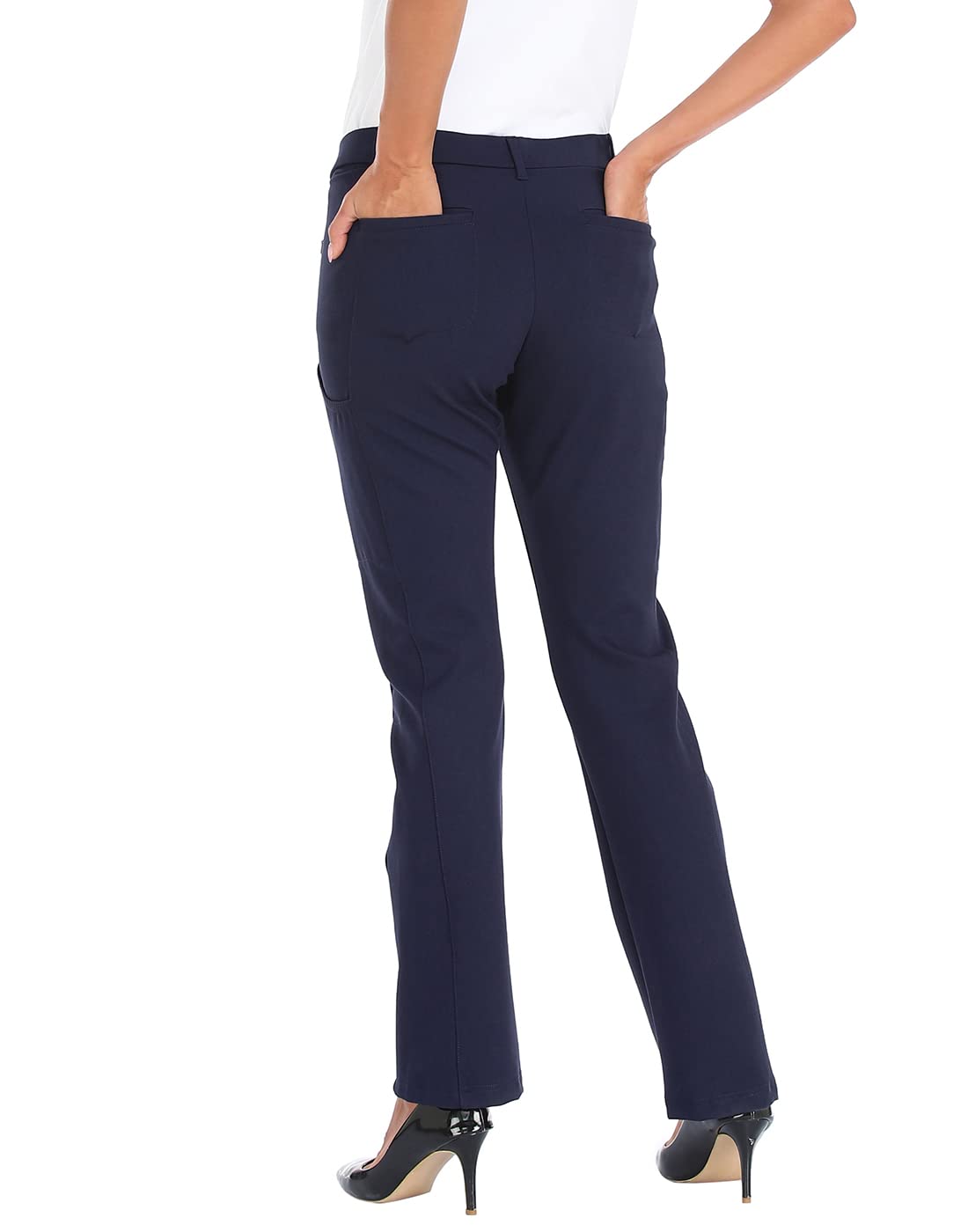 HDE Yoga Dress Pants for Women Straight Leg Pull On Pants with 8 Pockets Navy Blue - M