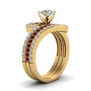 Jewelrygift Crossover Diamond Trio Wedding Set Yellow Gold Plated Created Ruby Round Shape Red Color Trio Wedding Ring Sets Prong Setting in Size 9 Party Wear Daily Wear Ornament