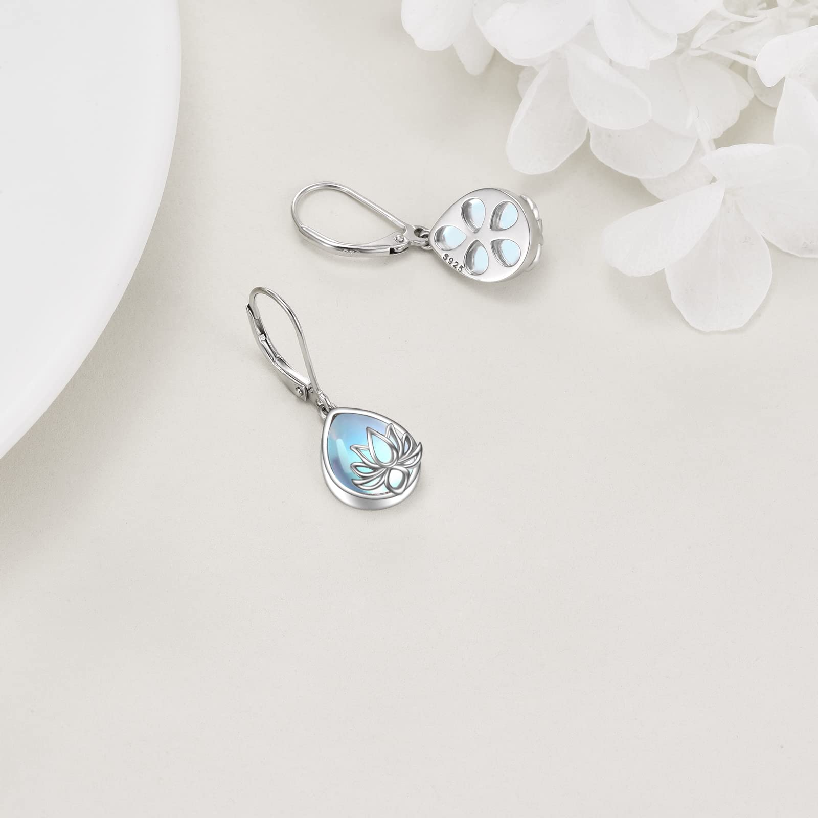 YFN Lotus Flower Moonstone Earrings Leverback 925 Sterling Silver Teardrop Dangle Hypoallergenic Earring for Women