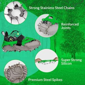 Kids Ice Cleats - Snow Crampons for Hiking Boots & Shoes with 14 Stainless Steel Spikes, Anti Slip Traction Grips for Boys and Girls, Snow Cleats for Hiking, Walking & Climbing (Small, Green)