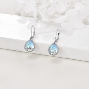 YFN Lotus Flower Moonstone Earrings Leverback 925 Sterling Silver Teardrop Dangle Hypoallergenic Earring for Women