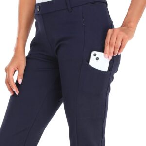 HDE Yoga Dress Pants for Women Straight Leg Pull On Pants with 8 Pockets Navy Blue - M