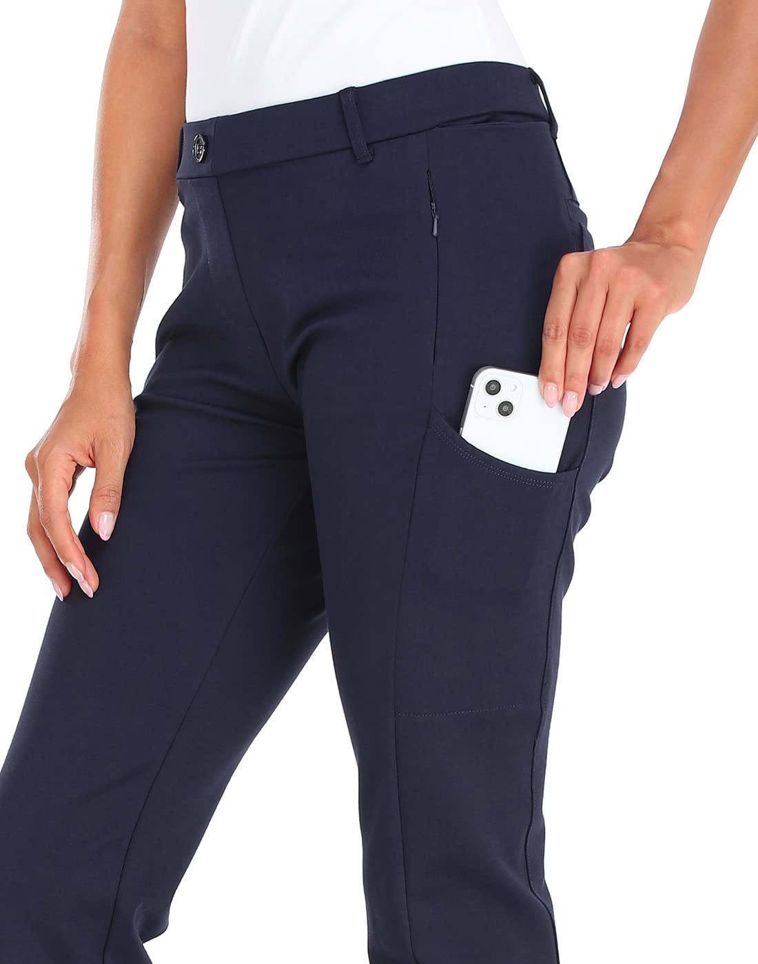 HDE Yoga Dress Pants for Women Straight Leg Pull On Pants with 8 Pockets Navy Blue - M