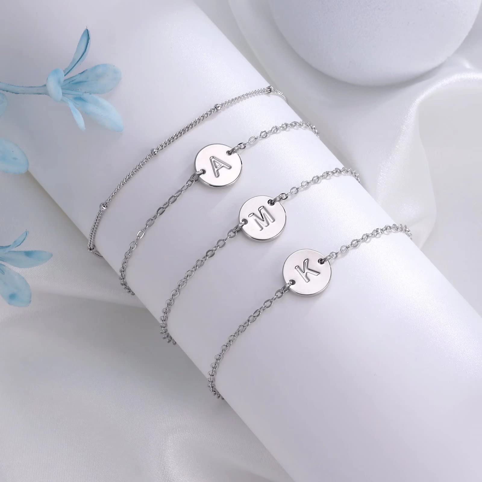 MONOZO 14K White Gold Filled Letter Initial Bracelet, Silver, for Women and Teen Girls