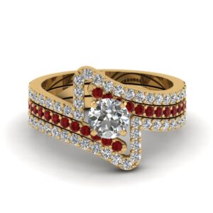 jewelrygift crossover diamond trio wedding set yellow gold plated created ruby round shape red color trio wedding ring sets prong setting in size 9 party wear daily wear ornament