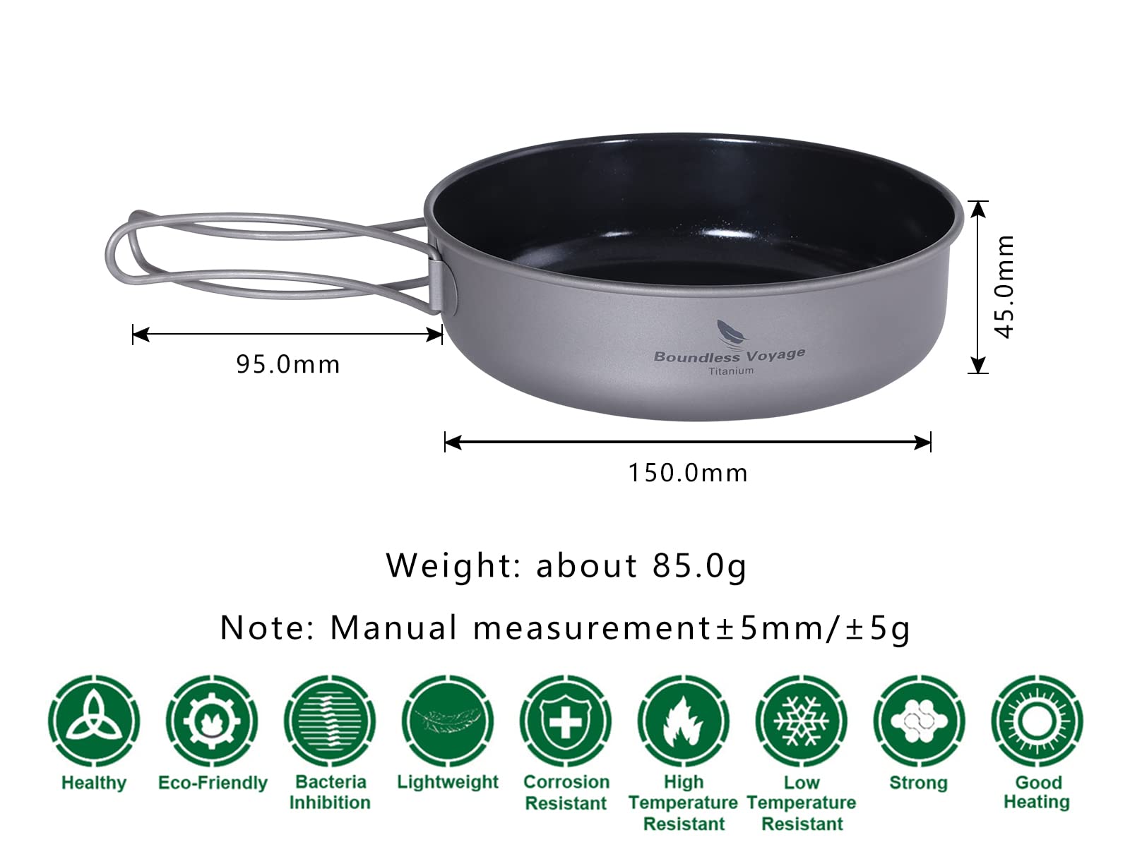 Boundless Voyage Camping Titanium Non-Stick Pan with Folding Handle Ultralight Outdoor Ceramic Coating Frying Pan Small Portable Picnic Hiking BBQ Cookware (Ti2067C-L-18CM)