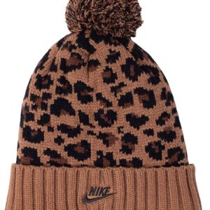 Nike Women's NSW Brown Leopard Print Fleece Lined Cuffed Pom Beanie