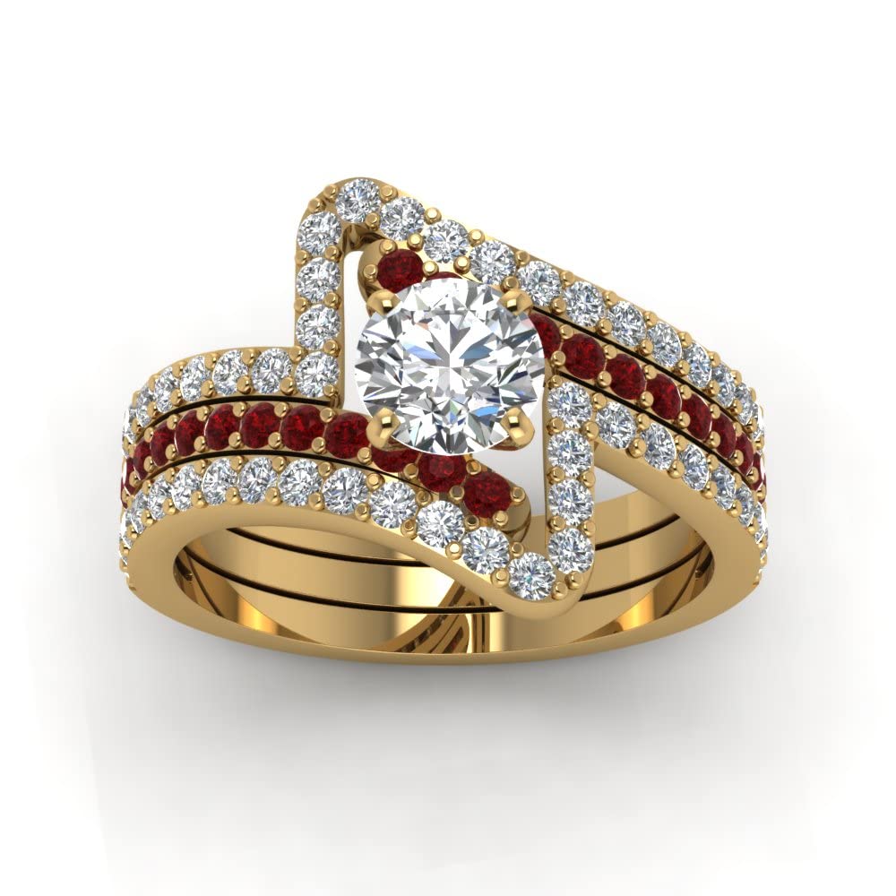 Jewelrygift Crossover Diamond Trio Wedding Set Yellow Gold Plated Created Ruby Round Shape Red Color Trio Wedding Ring Sets Prong Setting in Size 9 Party Wear Daily Wear Ornament