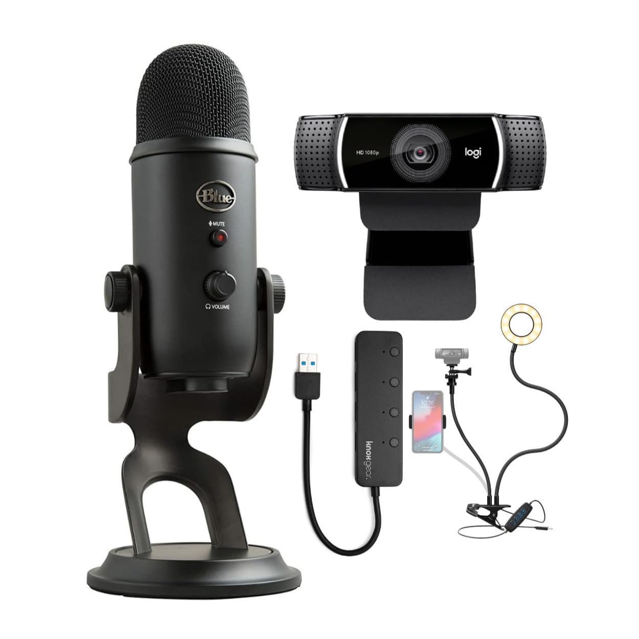 Blue Microphones Yeti USB Microphone (Blackout) Bundle with 1080p Webcam, 4-Port USB 3.0 Hub and Selfie Ring Light (4 Items)