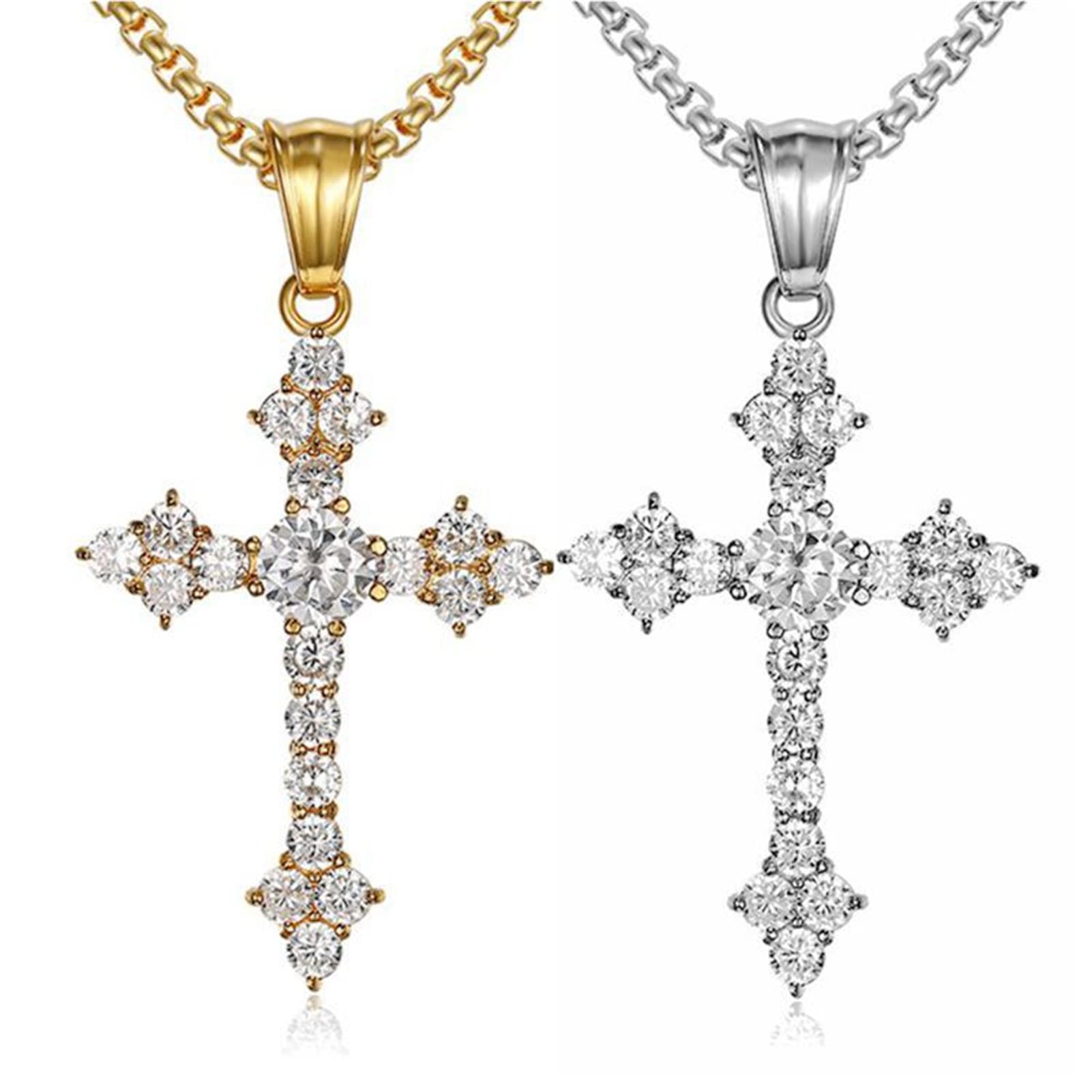 Ropartman Silver Cross Necklace for Women, [ 5A Cubic Zirconia ] 14K Gold Plated Stainless Steel Cross Pendant for Women, 19" necklace included