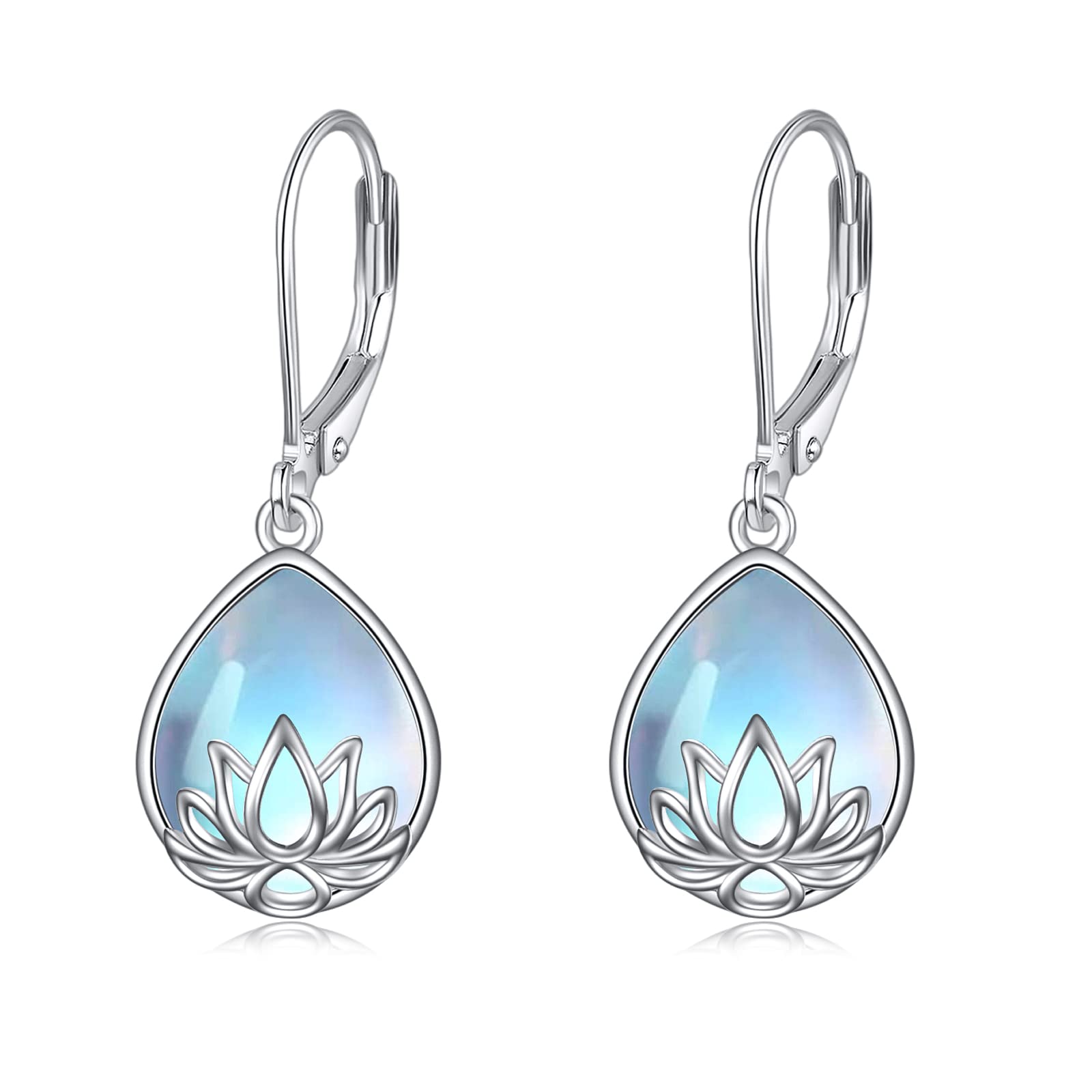 YFN Lotus Flower Moonstone Earrings Leverback 925 Sterling Silver Teardrop Dangle Hypoallergenic Earring for Women