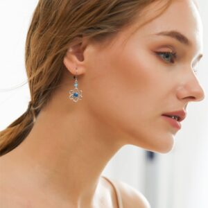 Dangle Flower Earrings for Women, White Gold Plated Drop Earrings with Blue Cubic Zirconia