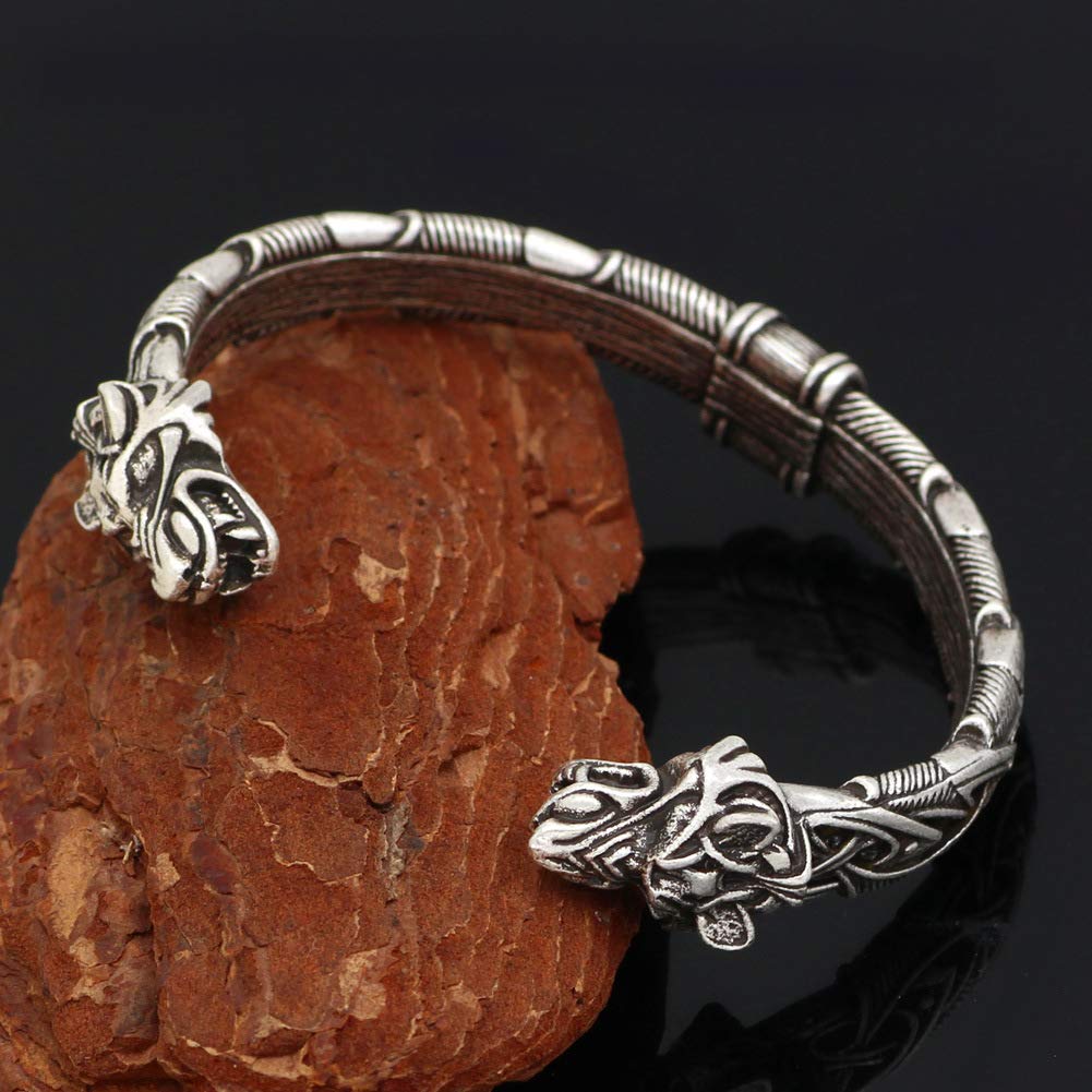 Norse Tradesman Viking Wolf Cuff Bracelet with Celtic Knot - Men & Women Unisex - One-Size-Fits-All - Semi-Adjustable Bangle