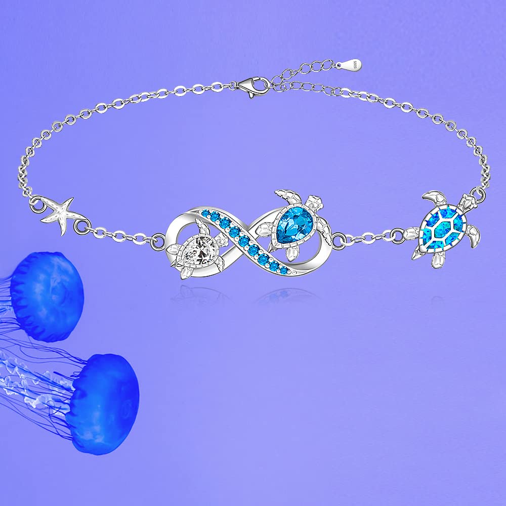 Fenthring Turtle Bracelet for Women Blue Opal Ocean Sea Turtle Bracelet Charms Sterling Silver 925 Crystal Summer Beach Hawaiian Infinity Friendship Tortoise Jewelry Gifts