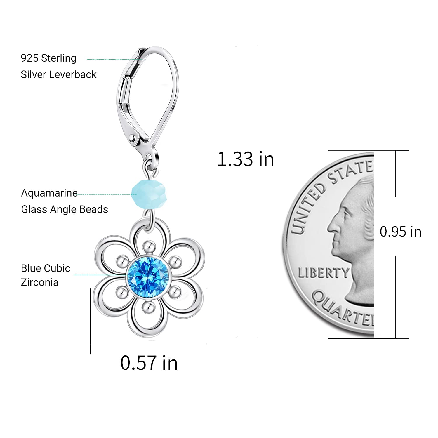 Dangle Flower Earrings for Women, White Gold Plated Drop Earrings with Blue Cubic Zirconia