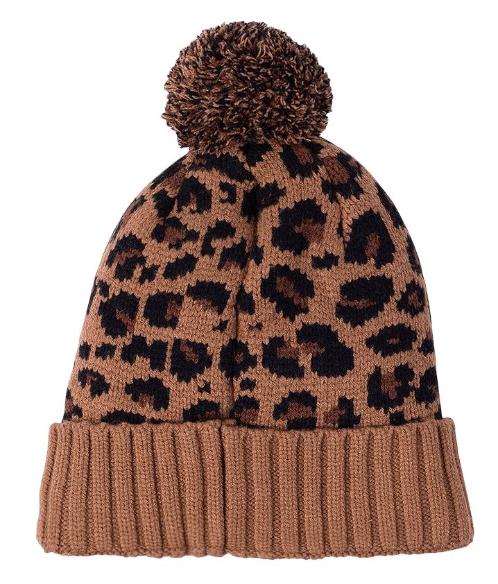 Nike Women's NSW Brown Leopard Print Fleece Lined Cuffed Pom Beanie