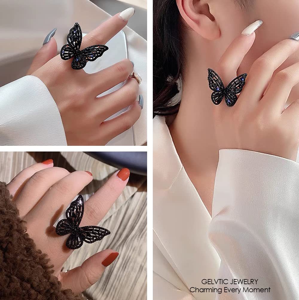 GELVTIC Rhinestone Butterfly Ring for Women Adjustable Cubic Zirconia Cocktail Gold Ring Sparkling Crystal Silver Open Wrap Statement Ring Mother Birthstone Rings Bridesmaids Wedding Jewelry